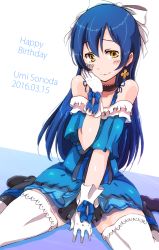 Rule 34 | 1girl, bare shoulders, birthday, blue hair, blush, character name, choker, commentary request, dated, earrings, gloves, hair between eyes, hair ornament, hair ribbon, hand on own cheek, hand on own face, happy birthday, jewelry, kira-kira sensation!, long hair, looking at viewer, love live!, love live! school idol project, ribbon, sen (sen0910), sitting, smile, solo, sonoda umi, thighhighs, wariza, white gloves, white thighhighs, yellow eyes