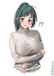 Rule 34 | !?, 1girl, blush, bra visible through clothes, braid, breasts, cropped torso, ebifurya, embarrassed, green eyes, green hair, high ponytail, highres, irako (kancolle), kantai collection, large breasts, long hair, long sleeves, looking at viewer, one-hour drawing challenge, open mouth, see-through, sidelocks, simple background, sleeves past wrists, smile, solo, sweater, turtleneck, turtleneck sweater, twitter username, upper body, white background