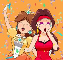 Rule 34 | 2girls, arms up, bare shoulders, breasts, brown hair, cleavage, confetti, crown, donkey kong (series), dress, earrings, eyeshadow, flower earrings, gem, gloves, hand up, happy, hat, holding, jewelry, lipstick, long hair, makeup, mario (series), mario tennis, mario tennis aces, mayor, multiple girls, nintendo, open mouth, orange dress, party, pauline (mario), princess daisy, red headwear, red skirt, short hair, skirt, smile, super mario land, super smash bros., tears, tomboy, upper body, white gloves
