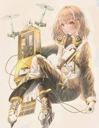 Rule 34 | 1girl, anklet, apraxia, arknights, bad id, bad pixiv id, bird mask, black coat, boots, box, brown eyes, brown hair, cable, closed mouth, coat, commentary, commentary typo, crescent, crescent earrings, cross-laced footwear, drone, earrings, english commentary, equipment, eyelashes, full body, gas mask, gloves, hair between eyes, highres, jewelry, long sleeves, looking at viewer, magallan (arknights), mask, mask around neck, multicolored coat, multicolored hair, short hair, simple background, single earring, skates, smile, solo, strap, streaked hair, tools, two-tone coat, two-tone hair, white coat, white footwear, white gloves, white hair, winter clothes, winter coat