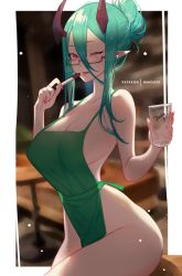 Rule 34 | 1girl, apron, border, breasts, cleavage, cowboy shot, cup, demon girl, glasses, green apron, green hair, hair bun, highres, holding, holding cup, holding pen, horns, iced latte with breast milk (meme), indoors, large breasts, looking at viewer, meme, naked apron, nanoless, one eye closed, original, outside border, pen, pointy ears, semi-rimless eyewear, serena (nanoless), short hair with long locks, sideboob, single hair bun, sitting, smile, solo, under-rim eyewear, white border