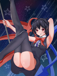 Rule 34 | 1girl, :d, arm behind head, arm up, armpits, ass, asymmetrical wings, bare shoulders, black dress, black hair, black thighhighs, blush, bottomless, bow, bowtie, breasts, center frills, collared dress, commentary request, dress, frills, hair between eyes, highres, holding, holding polearm, holding weapon, houjuu nue, knee up, leg up, legs, legs together, looking at viewer, medium breasts, medium hair, no panties, open mouth, polearm, red bow, red bowtie, red eyes, short hair, skindentation, sky, sleeveless, sleeveless dress, smile, solo, star (sky), star (symbol), starry background, starry sky, tasuku (tusktouhou4), thighhighs, thighs, touhou, upskirt, weapon, wings