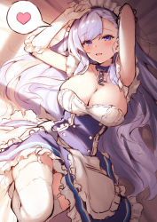 Rule 34 | 1girl, apron, arms up, azur lane, bare shoulders, belfast (azur lane), blush, braid, breasts, broken, broken chain, chain, cleavage, collar, commentary request, elbow gloves, french braid, frilled apron, frilled gloves, frills, garter straps, gloves, heart, highres, large breasts, light purple hair, long hair, lying, maid, maid apron, maid headdress, on back, open mouth, purple eyes, raiou, spoken heart, swept bangs, thighs, white apron, white gloves, white legwear