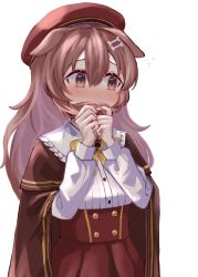 Rule 34 | 1girl, animal ears, blush, bone hair ornament, brown cape, brown capelet, brown eyes, brown hair, cape, capelet, dog ears, dress shirt, embarrassed, fidgeting, flying sweatdrops, frilled shirt collar, frills, futsuushi, hair between eyes, hair ornament, hair over mouth, twirling hair, hairclip, high-waist skirt, highres, hololive, inugami korone, inugami korone (street), long hair, long sleeves, nose blush, red skirt, ribbed shirt, shirt, shy, sideways glance, simple background, skirt, sleeve cuffs, solo, virtual youtuber, white background, white shirt