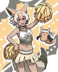 Rule 34 | 1girl, acesrulez, animal ear fluff, animal ears, bare shoulders, blonde hair, cheering, cheerleader, coyopotato, coyote (kemono friends), extra ears, hachimaki, headband, holding, holding pom poms, kemono friends, kemono friends v project, looking at viewer, microphone, navel, open mouth, pom pom (cheerleading), pom poms, short hair, simple background, smile, tail, virtual youtuber, wolf ears, wolf tail, yellow eyes