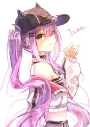 Rule 34 | 1girl, absurdres, baseball cap, black camisole, black choker, black hat, breasts, camisole, character name, choker, closed mouth, commentary, cowboy shot, ear piercing, from side, green eyes, hair between eyes, hair ornament, hairclip, hat, highres, hololive, jacket, light smile, long hair, looking at viewer, midriff, o-ring, o-ring choker, off-shoulder jacket, off shoulder, open clothes, open jacket, piercing, purple hair, simple background, small breasts, smile, solo, tokoyami towa, twintails, virtual youtuber, white background, white jacket, yu hydra
