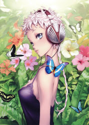 Rule 34 | 1girl, blue eyes, braid, bug, butterfly, flower, headphones, bug, long hair, nishieda, solo, white hair