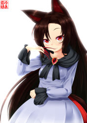 Rule 34 | 1girl, amau (kosmos), animal ears, breasts, brooch, brown hair, collarbone, dress, fang, female focus, fingernails, imaizumi kagerou, jewelry, long fingernails, long hair, long sleeves, looking at viewer, parted lips, red eyes, simple background, smile, solo, tail, tongue, touhou, very long hair, white background, wolf ears, wolf tail