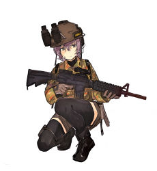 Rule 34 | 1girl, black thighhighs, camouflage, commentary, gloves, gun, headset, helmet, highres, holding, holding gun, holding weapon, military, night-vision device, original, purple hair, seallllion, short hair, short shorts, shorts, solo, squatting, thighhighs, trigger discipline, weapon, weapon request, white background