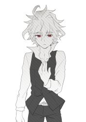 Rule 34 | 1boy, ahoge, black pants, commentary, fate/apocrypha, fate (series), highres, long sleeves, male focus, multiple monochrome, nikame, pants, red eyes, shirt, short hair, sieg (fate), solo, waistcoat, white shirt