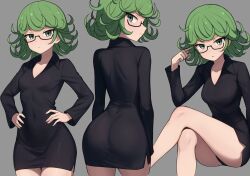 Rule 34 | 1girl, ass, black dress, black panties, breasts, closed mouth, collared dress, covered navel, crossed legs, curly hair, dress, glasses, green eyes, green hair, hands on own hips, highres, invisible chair, long sleeves, looking at viewer, looking back, mikoscrub, multiple views, one-punch man, panties, parted lips, semi-rimless eyewear, simple background, sitting, small breasts, tatsumaki, underwear