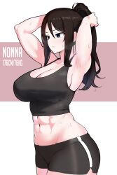 Rule 34 | 1girl, abs, alternate hairstyle, alternate muscle size, amogan, armpits, arms up, black shorts, blue eyes, breasts, brown hair, cleavage, cowboy shot, facing to the side, girls und panzer, groin, gym shorts, highres, large breasts, long hair, midriff, muscular, muscular female, navel, nonna (girls und panzer), ponytail, shorts, sideboob, simple background, solo, sports bra, sportswear