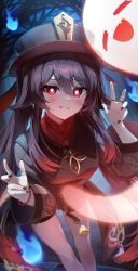 Rule 34 | 1girl, bead bracelet, beads, black nails, blush, bracelet, brown hair, chinese clothes, closed eyes, genshin impact, ghost, ghost tail, half-closed eyes, hat, highres, hu tao (genshin impact), iop5509, jewelry, long sleeves, nail polish, night, red eyes, ring, shorts, smile, smirk, symbol-shaped pupils, teeth, top hat, tree, twintails
