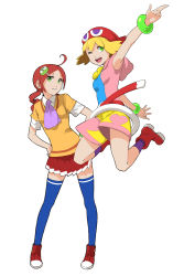Rule 34 | 2girls, ;d, ahoge, amitie (puyopuyo), andou ringo, arm up, ascot, belt, blonde hair, blue thighhighs, bracelet, dress, enami katsumi, green eyes, hair ornament, hands on own hips, hat, jewelry, jumping, miniskirt, multiple girls, one eye closed, open mouth, pleated skirt, puyopuyo, puyopuyo 7, puyopuyo fever, red dress, red hair, shirt, shorts, simple background, skirt, smile, standing, thighhighs, twintails, wink