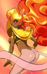 Rule 34 | 1990s (style), 1girl, alternate form, armlet, ass, breasts, capcom, dark-skinned female, dark skin, female focus, hair over one eye, harem outfit, highres, large breasts, long hair, looking at viewer, orange hair, pants, pepipopo, power stone, red eyes, retro artstyle, rouge (power stone), see-through, shiny clothes, shiny skin, solo, very dark skin