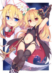 Rule 34 | 2girls, :o, arm up, armpits, baku-p, black flower, black footwear, black gloves, black leotard, black thighhighs, blonde hair, blue hair, boots, bow, breasts, brooch, center opening, comiket 102, dress, elbow gloves, flower, gloves, hair flower, hair ornament, highres, holding, holding scythe, jewelry, leotard, lily black, lily white, long hair, multiple girls, navel, parted lips, ponytail, red bow, red eyes, scythe, small breasts, thighhighs, thighhighs under boots, touhou, very long hair, white dress, white flower, white headwear