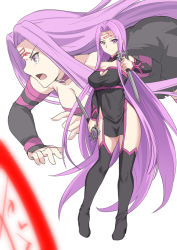 Rule 34 | bare shoulders, black thighhighs, breasts, cleavage, cleavage cutout, clothing cutout, dress, fate/stay night, fate (series), long hair, medusa (fate), medusa (rider) (fate), medusa (rider) (third ascension) (fate), multiple views, nameless dagger (fate), pelvic curtain, purple hair, red eyes, smile, standing, thighhighs, thighs, v-shaped eyebrows, very long hair, warrior