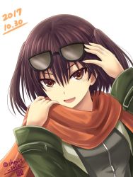 Rule 34 | 1girl, black hair, brown eyes, dated, eyewear on head, green eyes, haura akitoshi, kantai collection, looking at viewer, open mouth, orange scarf, scarf, sendai (kancolle), short hair, simple background, solo, twitter username, two side up, upper body, white background