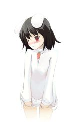 Rule 34 | 1girl, animal ears, black hair, blush, carrot necklace, clear cross, cowboy shot, female focus, inaba tewi, jewelry, long sleeves, looking away, necklace, rabbit ears, red eyes, short hair, simple background, solo, standing, sweat, touhou, white background