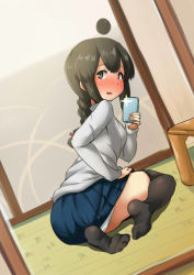 Rule 34 | 1girl, alternate costume, ass, ayuayu (shouyu no sato), black thighhighs, blush, bow, braid, breasts, brown hair, camera flash, casual, cellphone, clothes lift, from behind, grey eyes, holding, holding phone, indoors, isonami (kancolle), kantai collection, long hair, looking at viewer, looking back, mirror, no shoes, open mouth, panties, pantyshot, phone, red bow, seiza, selfie, sidelocks, sitting, skirt, skirt lift, sliding doors, small breasts, smartphone, solo, table, tatami, thighhighs, thighs, underwear