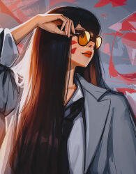 Rule 34 | 1girl, absurdres, adjusting eyewear, black necktie, brown eyes, brown hair, closed mouth, d.va (overwatch), dress shirt, facial mark, glasses, grey jacket, highres, jacket, long hair, looking to the side, necktie, overwatch, red lips, round eyewear, shirt, simple background, solo, straight hair, suit jacket, sunlight, titanartx, upper body, whisker markings, white shirt