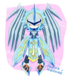 Rule 34 | armor, blade, blue hair, covered eyes, digimon, highres, mask, slashangemon, wings