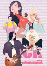 Rule 34 | 1girl, 5boys, absurdres, artist name, beck, beck (beck), belt, black hair, blonde hair, bullet hole, can, chiba tsunemi, copyright name, curly hair, dog, dog between legs, drinking from can, electric guitar, everyone, facial hair, gibson les paul, goatee, guitar, guitar strap, highres, holding, holding can, holding microphone, holding plectrum, hood, hoodie, instrument, jewelry, looking at viewer, medium hair, microphone, minami maho, minami ryuusuke, multicolored clothes, multicolored sweater, multiple boys, penginius, playing guitar, plectrum, red sweater, ring, sakurai yuji, shoes, short hair, sneakers, stitched face, stitched leg, stitched torso, stitches, straight hair, sweater, taira yoshiyuki, tanaka yukio, text background, v, yellow hoodie