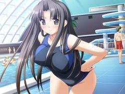 Rule 34 | 3girls, 6+boys, alto, alto (game), bent over, black eyes, black hair, blush, breasts, competition swimsuit, covered erect nipples, cowboy shot, game cg, hands on own hips, impossible clothes, impossible swimsuit, indoors, innertube, iwasaki kouji, jast, large breasts, long hair, miharu -alto another story-, multiple boys, multiple girls, one-piece swimsuit, pool, poolside, sakuraoka miharu, smile, solo focus, standing, swim ring, swimsuit, thigh gap, very long hair, water slide