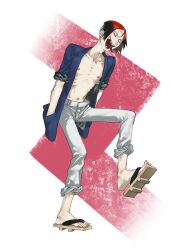 Rule 34 | 1boy, bad teeth, black hair, blue jacket, geta, hands in pockets, highres, jacket, leg up, long tongue, looking ahead, male focus, multicolored hair, nipples, ojima (ojimadou), open clothes, open jacket, open mouth, original, pants, pants rolled up, red hair, ribs, school uniform, skinny, sleeves rolled up, stitched face, stitches, tengu-geta, tongue, undercut, white jacket