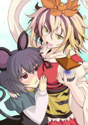 Rule 34 | 2girls, animal ears, bad id, bad pixiv id, bishamonten&#039;s pagoda, blonde hair, grabbing another&#039;s breast, breast press, breasts, female focus, grabbing, grey hair, hair ornament, large breasts, mouse ears, mouse tail, multiple girls, nazrin, red eyes, shawl, short hair, tail, toramaru shou, touhou, yellow eyes, yude