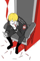 Rule 34 | 1boy, 2017, acca 13-ku kansatsu-ka, blonde hair, blue eyes, chair, cigarette, dated, from above, jean otus, looking at viewer, looking up, male focus, matches, short hair, signature, sitting, smoking, swept bangs, throne, uniform, wand3754
