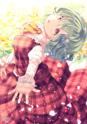 Rule 34 | 1girl, absurdres, artist name, dress, earrings, flower, green hair, hair ornament, hairclip, head tilt, highres, jewelry, kazami yuuka, kemo chiharu, looking at viewer, necktie, open hand, open mouth, pedal, plaid, plaid skirt, puffy sleeves, reaching, reaching towards viewer, red dress, red eyes, short hair, skirt, sunlight, symbol-shaped pupils, touhou, yellow neckwear