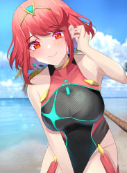 Rule 34 | 1girl, adjusting hair, beach, competition swimsuit, highres, looking at viewer, one-piece swimsuit, pyra (pro swimmer) (xenoblade), pyra (xenoblade), red eyes, red hair, smile, solo, swimsuit, wanu 14