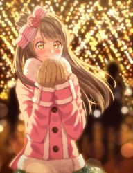 Rule 34 | 1girl, blurry, blurry background, blush, bokeh, bow, breath, brown mittens, christmas, christmas lights, coat, commentary request, depth of field, flower, fur-trimmed coat, fur-trimmed sleeves, fur collar, fur trim, grey hair, hair bow, hair flower, hair ornament, hands up, hoshisakura (starblossom), looking at viewer, love live!, love live! school idol festival, love live! school idol project, minami kotori, mittens, night, one side up, outdoors, pink bow, pink coat, pink flower, pink rose, rose, smile, solo, striped, striped bow, upper body, yellow eyes