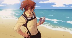 Rule 34 | 1girl, aquiline nose, breasts, brown hair, cloud, commentary, conch, goggles, goggles around neck, hand on own hip, hange zoe, hanpetos, holding, ocean, ponytail, shingeki no kyojin, sky, sleeves rolled up, small breasts, solo, upper body