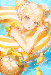 Rule 34 | 1girl, animal, bare arms, bare shoulders, bikini, bird, blonde hair, character request, double bun, duck, flower, green eyes, hair bun, hair flower, hair ornament, highres, huion, innertube, looking at viewer, open mouth, partially submerged, pino ko, solo, swim ring, swimsuit, water, white flower, yellow bikini