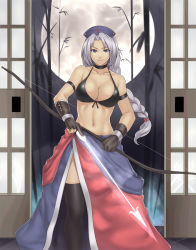 Rule 34 | 1girl, arrow (projectile), bamboo, bamboo forest, bikini, bikini top only, black bikini, blue eyes, bow (weapon), braid, breasts, choker, cleavage, collarbone, female focus, fingerless gloves, forest, front-tie top, gloves, grey hair, highres, houtengeki, large breasts, moon, nature, navel, sliding doors, solo, swimsuit, thighhighs, touhou, weapon, yagokoro eirin