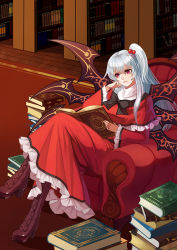 Rule 34 | 1girl, black bow, black bowtie, book, book stack, bookshelf, boots, bow, bowtie, brown footwear, capelet, couch, cross-laced footwear, crossed legs, demon wings, douyougen, dress, frills, hair bobbles, hair ornament, hand on own cheek, hand on own face, hand rest, high heel boots, high heels, lace-up boots, long hair, open book, reading, red carpet, red dress, red eyes, shinki (touhou), side ponytail, sitting, slouching, solo, touhou, touhou (pc-98), turtleneck, white hair, wide sleeves, wings