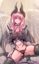 Rule 34 | 1girl, black diablos, black thighhighs, blush, bound, bound wrists, bow (bhp), breasts, bridal gauntlets, claws, collar, commentary request, hands up, horns, large breasts, leash, looking at viewer, mole, mole under eye, monster hunter (series), navel, orange eyes, personification, pink hair, shaded face, smile, solo, spread legs, squatting, tail, thighhighs, wings