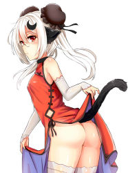 Rule 34 | 1girl, ass, china dress, chinese clothes, crescent, crescent hair ornament, detached sleeves, double bun, dress, glasses, hair ornament, long hair, original, red eyes, solo, tail, thighhighs, unname, white hair