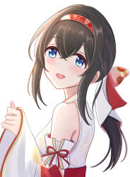 Rule 34 | 1girl, absurdres, black hair, blue eyes, blush, commentary, commentary request, detached sleeves, floral print, hairband, hand up, hanilz, highres, idolmaster, idolmaster cinderella girls, japanese clothes, long sleeves, looking at viewer, miko, open mouth, ponytail, sagisawa fumika, simple background, smile, solo, upper body, white background, wide sleeves