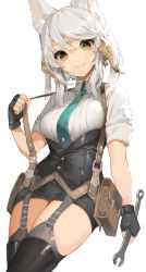 Rule 34 | 1girl, :d, akizone, animal ears, aqua necktie, arm at side, au ra, warrior of light (ff14), belt pouch, black gloves, black skirt, black thighhighs, boots, breasts, brown eyes, cheeze (akizone), closed mouth, collared shirt, cowboy shot, facial mark, final fantasy, final fantasy xiv, fingerless gloves, fingernails, forehead mark, garter straps, gloves, grey thighhighs, hair between eyes, hand up, highres, holding, holding wrench, horn ornament, horn ring, horns, leather, leather boots, leather skirt, looking at viewer, medium hair, miniskirt, nail polish, necktie, open mouth, original, pencil skirt, pouch, shirt, short sleeves, sidelocks, simple background, skindentation, skirt, smile, solo, strap lift, suspenders, thighhighs, thighhighs under boots, tie clip, underbust, white background, white hair, white nails, white shirt, wrench