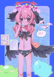 Rule 34 | 1girl, absurdres, bikini, black bikini, black bow, black wings, blue archive, bow, closed mouth, collarbone, commentary, feathered wings, feet out of frame, flat chest, floral print, front-tie bikini top, front-tie top, hair between eyes, hair bow, halo, head wings, heart, highres, koharu (blue archive), koharu (swimsuit) (blue archive), long hair, low twintails, low wings, official alternate costume, pink eyes, pink hair, pink halo, pong2, print bikini, solo, spaghetti strap, speech bubble, spoken blush, standing, swimsuit, twintails, wings