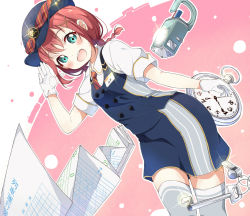 Rule 34 | 1girl, aqua eyes, blue hat, blue skirt, blue vest, braid, check commentary, collared dress, commentary, commentary request, dress, dress shirt, dutch angle, emblem, female service cap, gloves, grey thighhighs, hair ornament, hat, hat ribbon, key, kurosawa ruby, looking at viewer, love live!, love live! sunshine!!, low twintails, medium hair, miniskirt, name tag, open mouth, pocket watch, red hair, red neckwear, ribbon, salute, shirt, skirt, smile, solo, sparkle, standing, thighhighs, toma (shinozaki), train conductor, twin braids, twintails, vest, watch, whistle, white gloves, white shirt, wing collar, x hair ornament