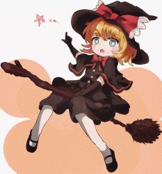 Rule 34 | 1girl, ar (maeus), black capelet, black footwear, black gloves, black hat, black skirt, black vest, blonde hair, blue eyes, blush, bow, bowtie, bright pupils, broom, broom riding, capelet, commentary request, cookie (touhou), elbow gloves, full body, gloves, hat, hat bow, kirisame marisa, looking at viewer, mary janes, meguru (cookie), open mouth, pantyhose, red bow, red bowtie, shoes, short hair, skirt, solo, star (symbol), touhou, vest, white pantyhose, white pupils, witch hat