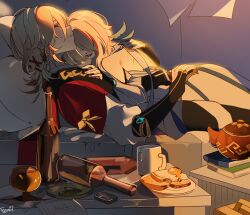 Rule 34 | 1boy, 1girl, absurdres, blonde hair, bottle, bread, bread slice, closed eyes, closed mouth, couch, couple, cowboy shot, dress, earrings, feather hair, food, fried egg, fried egg on toast, from side, genshin impact, hetero, highres, jewelry, kaveh (genshin impact), lumine (genshin impact), on couch, penzi (mok pen), short hair, sleeping, sleeping on person, teapot, toast, white dress