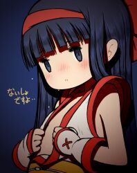 Rule 34 | 1girl, ainu clothes, blue hair, blush, breasts, brown eyes, hair ribbon, highres, japanese text, long hair, looking at viewer, nakoruru, no bra, open clothes, ribbon, samurai spirits, small breasts, snk, solo, sweat, the king of fighters, translation request, veil8801