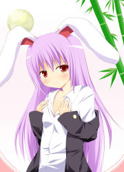 Rule 34 | 1girl, animal ears, bad id, bad pixiv id, bamboo, blazer, breasts, cleavage, embarrassed, female focus, full moon, gradient background, highres, hyurasan, jacket, long hair, md5 mismatch, moon, necktie, purple hair, rabbit ears, red eyes, reisen udongein inaba, small breasts, solo, touhou, undressing