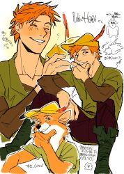 Rule 34 | 1boy, blush, boots, brown hat, brown pants, brown shirt, character name, fox boy, furry, furry male, green footwear, green tunic, grin, hat, hat feather, highres, holding, holding clothes, holding hat, humanization, long sleeves, looking to the side, male focus, orange hair, pants, robin hood (disney), robin hood (disney) (character), shirt, short hair, smile, translation request, uochandayo, variations, white background