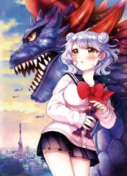 Rule 34 | 1girl, :o, breasts, cover, cover image, cover page, double bun, harugon, holding, holding toy, kaijuu, large breasts, looking up, manga cover, naki ringo, official art, open mouth, otome kaijuu carameliser, school uniform, serafuku, short hair, textless version, tomosato manatsu, toy, white hair, yellow eyes